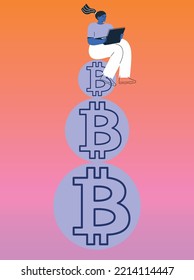 Cryptocurrency Vector illustration. Flat design icon. Young woman with laptop and bitcoin 