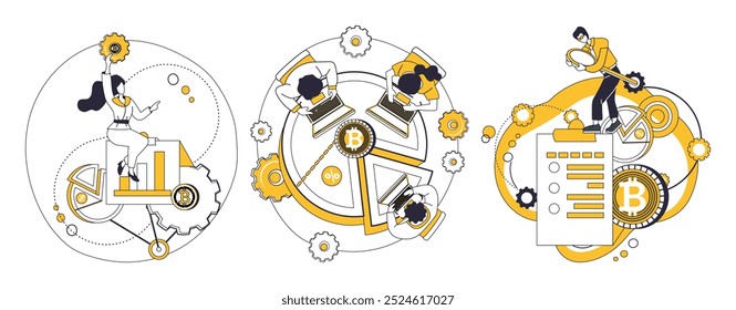 Cryptocurrency vector illustration. Investment, gardener, tends to seeds cryptocurrency, nurturing garden financial abundance Blockchain. Bitcoin, blockchain and cryptocurrency concepts