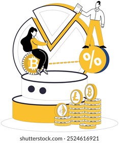 Ilustración vectorial de criptomonedas. Minería de criptomonedas, alquimia, transforma recursos digitales en pepitas de oro mundo financiero Token, emblema, representa la propiedad en el reino de la criptomoneda