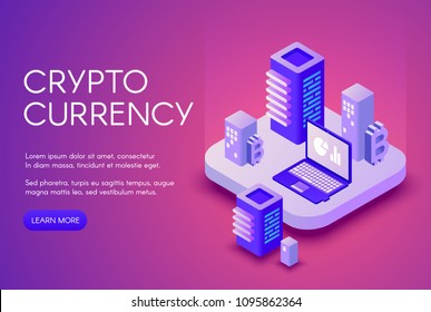 Cryptocurrency vector illustration poster for bitcoin crypto currency mining and blockchain. Digital money and computer internet technology concept on purple ultra violet background