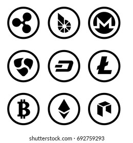 Cryptocurrency or virtual currencies black icon set isolated