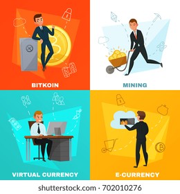 Cryptocurrency virtual money and bitcoin mining 2x2 design concept isolated on colorful backgrounds cartoon vector illustration