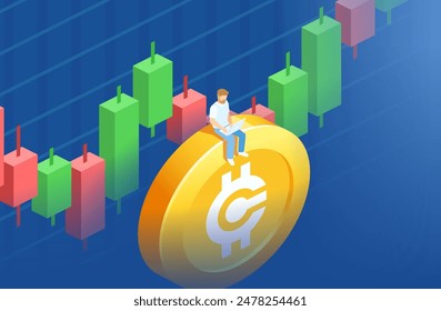  Kryptowährungsvolatilität im Handel isometrisches Konzept. Geschäftsmann, der mit großen, goldenen Kryptowährungsmünzen handelt.