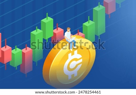  Cryptocurrency volatility in trading isometric concept. Businessman trading on big, gold cryptocurrency coin.