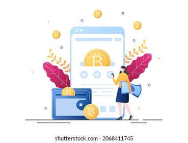 Kryptowährungs-Wallet-App auf Handy von Blockchain-Technologie, Bitcoin, Geldmarkt, Altmünzen oder Finanzbörse mit Kreditkarte in flacher Vektorgrafik 