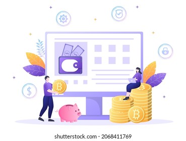 Aplicación de billetera de criptodivisa en móvil de tecnología Blockchain, bitcoin, mercado monetario, Altcoins o intercambio financiero con tarjeta de crédito en Vector plano Ilustración 