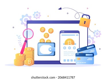Cryptocurrency Wallet App on Mobile of Blockchain Technology, Bitcoin, Money Market, Altcoins or Finance Exchange with Credit Card in Flat Vector Illustration 
