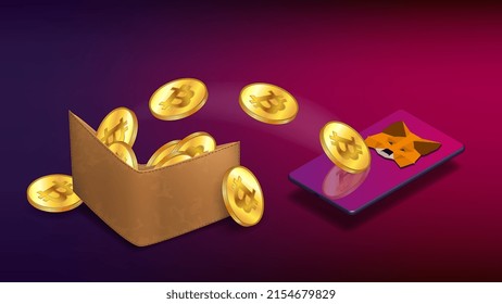 Cryptocurrency wallet with Bitcoin coins which fly to isometric cellphone with MetaMask logo on purple background. Crypto wallet for Defi, Web3 Dapps and NFTs. Vector illustration.