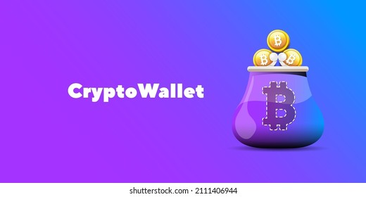 Cryptocurrency wallet concept illustration with wallet and crypto coins isolated on violet background. Crypto wallet landing page and poster design template. Crypto wallet for bitcon, solana, ethereum