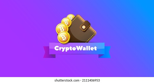 Ilustración del concepto de billetera criptodivisa con monedas de cartera y cripto aisladas en fondo violeta. Página de inicio de la cartera de criptografía y plantilla de diseño de afiches. Billetera criptográfica para bitcon, solana, etéreo