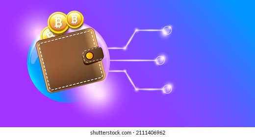 Cryptocurrency wallet concept illustration with wallet and crypto coins isolated on violet background. Crypto wallet landing page and poster design template. Crypto wallet for bitcon, solana, ethereum