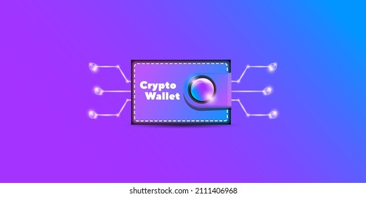 Ilustración del concepto de billetera criptodivisa con monedas de cartera y cripto aisladas en fondo violeta. Página de inicio de la cartera de criptografía y plantilla de diseño de afiches. Billetera criptográfica para bitcon, solana, etéreo