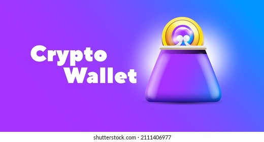 Ilustración del concepto de billetera criptodivisa con monedas de cartera y cripto aisladas en fondo violeta. Página de inicio de la cartera de criptografía y plantilla de diseño de afiches. Billetera criptográfica para bitcon, solana, etéreo