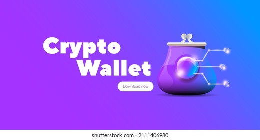 Cryptocurrency wallet concept illustration with wallet and crypto coins isolated on violet background. Crypto wallet landing page and poster design template. Crypto wallet for bitcon, solana, ethereum