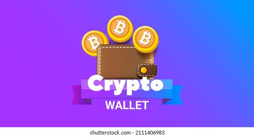 Cryptocurrency wallet concept illustration with wallet and crypto coins isolated on violet background. Crypto wallet landing page and poster design template. Crypto wallet for bitcon, solana, ethereum
