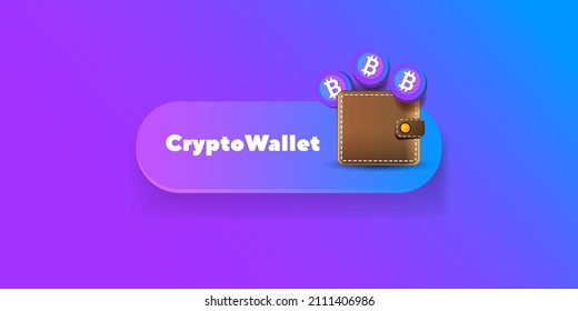 Cryptocurrency wallet concept illustration with wallet and crypto coins isolated on violet background. Crypto wallet landing page and poster design template. Crypto wallet for bitcon, solana, ethereum