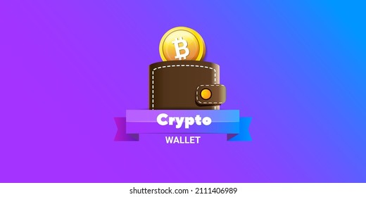 Cryptocurrency wallet concept illustration with wallet and crypto coins isolated on violet background. Crypto wallet landing page and poster design template. Crypto wallet for bitcon, solana, ethereum