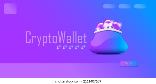 Ilustración del concepto de billetera criptodivisa con monedas de cartera y cripto aisladas en fondo violeta. Página de inicio de la cartera de criptografía y plantilla de diseño de afiches. Billetera criptográfica para bitcon, solana, etéreo