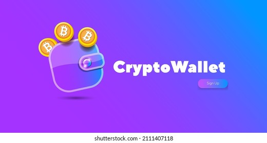 Cryptocurrency wallet concept illustration with wallet and crypto coins isolated on violet background. Crypto wallet landing page and poster design template. Crypto wallet for bitcon, solana, ethereum svg