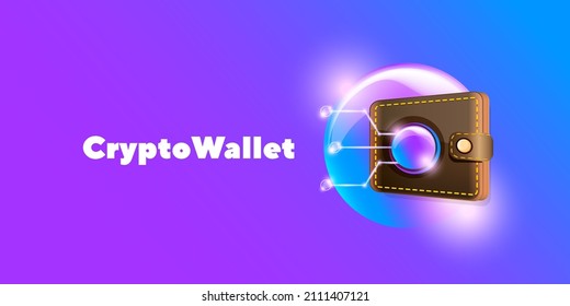Ilustración del concepto de billetera criptodivisa con monedas de cartera y cripto aisladas en fondo violeta. Página de inicio de la cartera de criptografía y plantilla de diseño de afiches. Billetera criptográfica para bitcon, solana, etéreo