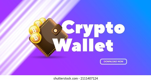 Cryptocurrency wallet concept illustration with wallet and crypto coins isolated on violet background. Crypto wallet landing page and poster design template. Crypto wallet for bitcon, solana, ethereum