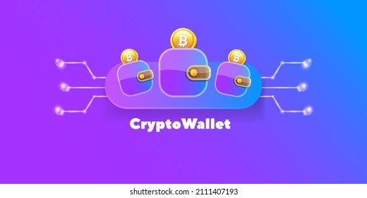 Cryptocurrency wallet concept illustration with wallet and crypto coins isolated on violet background. Crypto wallet landing page and poster design template. Crypto wallet for bitcon, solana, ethereum