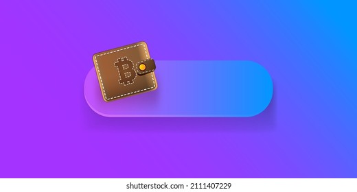 Ilustración del concepto de billetera criptodivisa con monedas de cartera y cripto aisladas en fondo violeta. Página de inicio de la cartera de criptografía y plantilla de diseño de afiches. Billetera criptográfica para bitcon, solana, etéreo