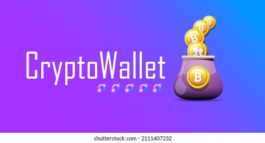 Cryptocurrency wallet concept illustration with wallet and crypto coins isolated on violet background. Crypto wallet landing page and poster design template. Crypto wallet for bitcon, solana, ethereum