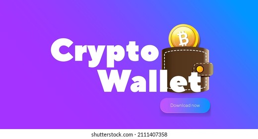 Ilustración del concepto de billetera criptodivisa con monedas de cartera y cripto aisladas en fondo violeta. Página de inicio de la cartera de criptografía y plantilla de diseño de afiches. Billetera criptográfica para bitcon, solana, etéreo