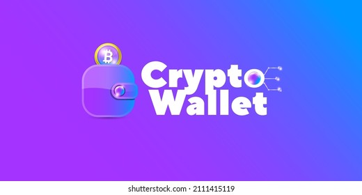 Cryptocurrency wallet concept illustration with wallet and crypto coins isolated on violet background. Crypto wallet landing page and poster design template. Crypto wallet for bitcon, solana, ethereum