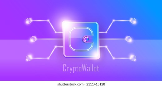 Ilustración del concepto de billetera criptodivisa con monedas de cartera y cripto aisladas en fondo violeta. Página de inicio de la cartera de criptografía y plantilla de diseño de afiches. Billetera criptográfica para bitcon, solana, etéreo