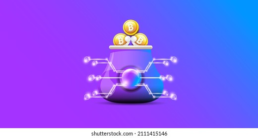 Cryptocurrency wallet concept illustration with wallet and crypto coins isolated on violet background. Crypto wallet landing page and poster design template. Crypto wallet for bitcon, solana, ethereum