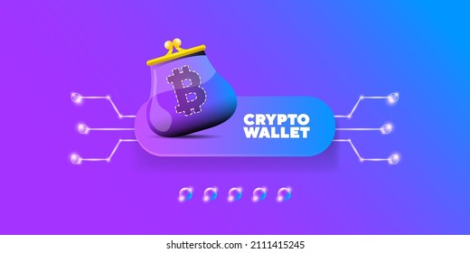Ilustración del concepto de billetera criptodivisa con monedas de cartera y cripto aisladas en fondo violeta. Página de inicio de la cartera de criptografía y plantilla de diseño de afiches. Billetera criptográfica para bitcon, solana, etéreo
