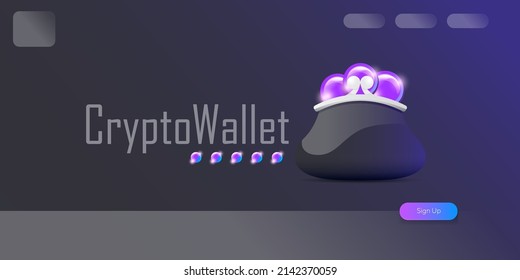 Ilustración del concepto de billetera criptodivisa con monedas de cartera y cripto aisladas en fondo gris. Página de inicio de la cartera de criptografía y plantilla de diseño de afiches. Billetera criptográfica para bitcon, solana, etéreo