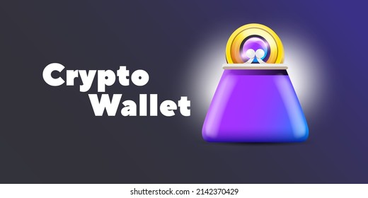 Ilustración del concepto de billetera criptodivisa con monedas de cartera y cripto aisladas en fondo gris. Página de inicio de la cartera de criptografía y plantilla de diseño de afiches. Billetera criptográfica para bitcon, solana, etéreo