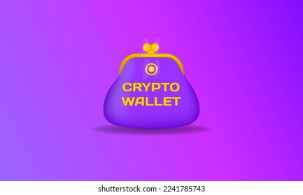 Ilustración del concepto de billetera criptodivisa con monedas de cartera y cripto aisladas en fondo violeta. Página de inicio de la cartera de criptografía y plantilla de diseño de afiches. Billetera criptográfica para bitcon, solana, etéreo