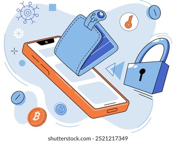 Cryptocurrency wallet concept illustration with phone,lock and crypto coins. Crypto wallet for bitcon, solana, ethereum. Devices for storing electronic cryptocurrency banknotes. Savings via blockchain