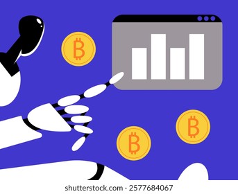 Cryptocurrency wallet and crypto coins with Ai robot. Devices for storing electronic cryptocurrency banknotes. Savings blockchain Technology. Flat vector illustration.