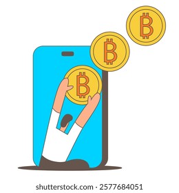 Cryptocurrency wallet and crypto coins in app. Devices for storing electronic cryptocurrency banknotes. Savings blockchain Technology. Flat vector illustration.