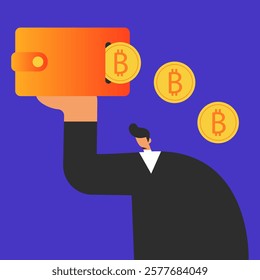 Cryptocurrency wallet and crypto coins with businessman. Devices for storing electronic cryptocurrency banknotes. Savings blockchain Technology. Flat vector illustration.