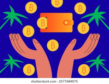 Cryptocurrency wallet and crypto coins on the islands. Devices for storing electronic cryptocurrency banknotes. Savings blockchain Technology. Flat vector illustration.