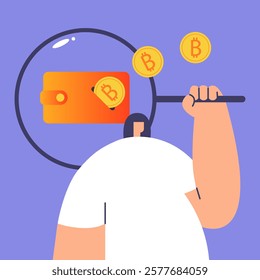 Cryptocurrency wallet and crypto coins searching. Devices for storing electronic cryptocurrency banknotes. Savings blockchain Technology. Flat vector illustration.