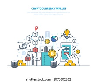 Cryptocurrency wallet. Financial operations with electronic money, turnover bitcoin, financial market. Blockchain, online purchases for bitcoins, monitoring, safe data. Illustration thin line design.