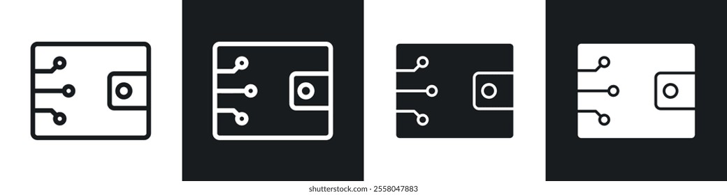 Cryptocurrency wallet icons pack in black and white filled and outlined versions.