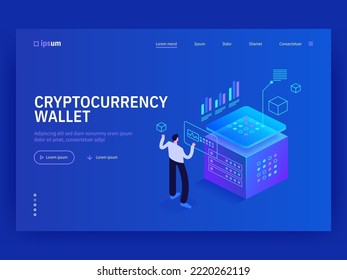 Cryptocurrency wallet isometric vector image on blue background. Cyber storage for digital money. Earnings security. Blockchain benefits. Web banner with space for text. Composition with 3d components