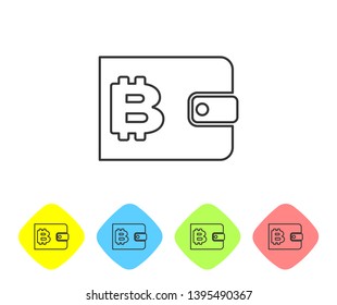Cryptocurrency wallet line icon on white background. Wallet and bitcoin sign. Mining concept. Money, payment, cash, pay icon. Set icon in color rhombus buttons. Vector Illustration