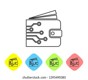 Cryptocurrency wallet line icon on white background. Wallet and bitcoin sign. Mining concept. Money, payment, cash, pay icon. Set icon in color rhombus buttons. Vector Illustration