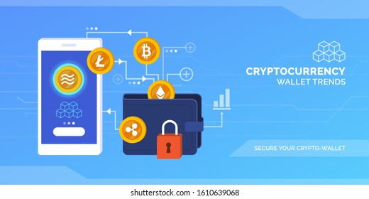 Cryptocurrency wallet manager with set of crypto currencies, wallet and connected smartphone