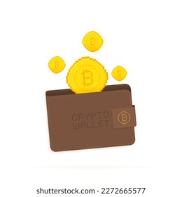 Cartera criptodivisa. Monedas de criptografía de arte de píxeles cayendo en una billetera. Concepto de transacciones monetarias. Billetera criptográfica para bitcoin, solana, eéreo. Ilustración vectorial.