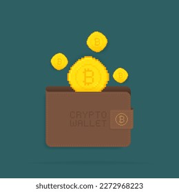 Kryptowährungs-Brieftasche. Kryptomünzen der Pixelkunst, die in das Portemonnaie fallen. Konzept der Geldtransaktionen. Kryptowallet für Bitcoin, Solana, Ethereum. Vektorgrafik.